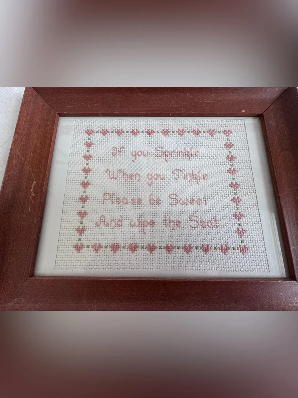 Vintage Handmade Cross Stitch Framed Funny Bathroom Wall Decor Cottagecore Grand